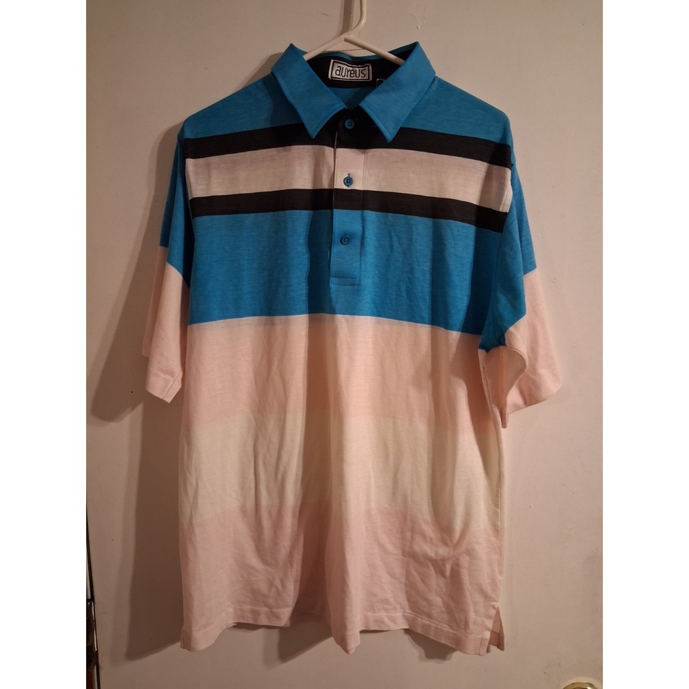 Vtg 70s‎ 80s Golf Shirt Aureus Polo Geek Disco Blue Pink Black Ivory EUC XL